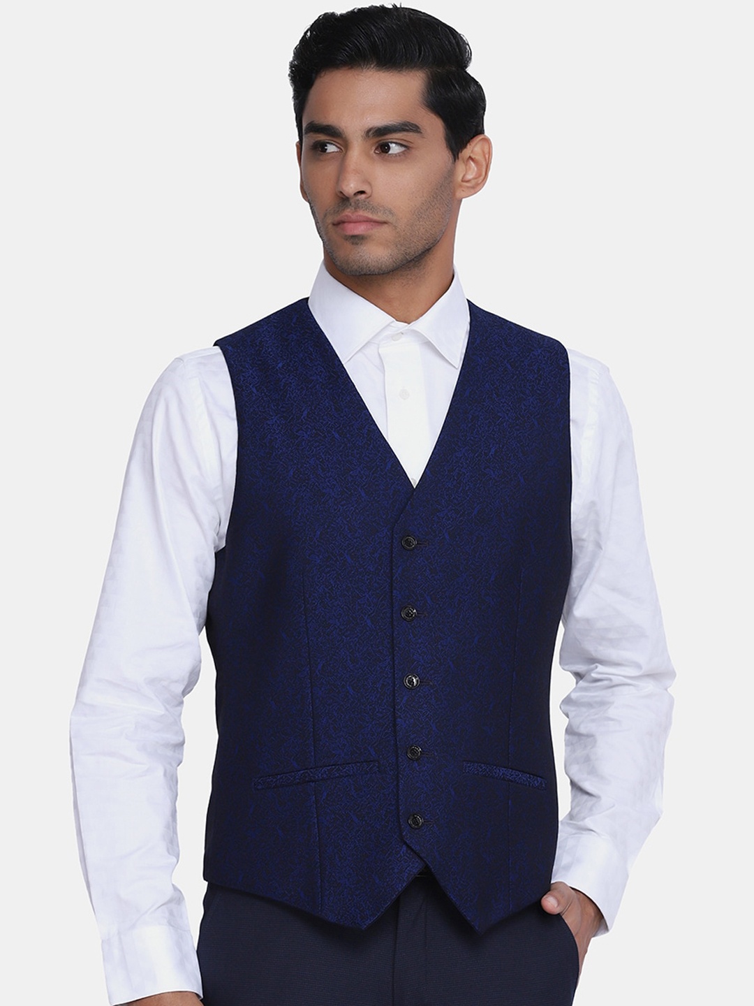 

Blackberrys Men Navy Blue Printed Formal Waistcoat