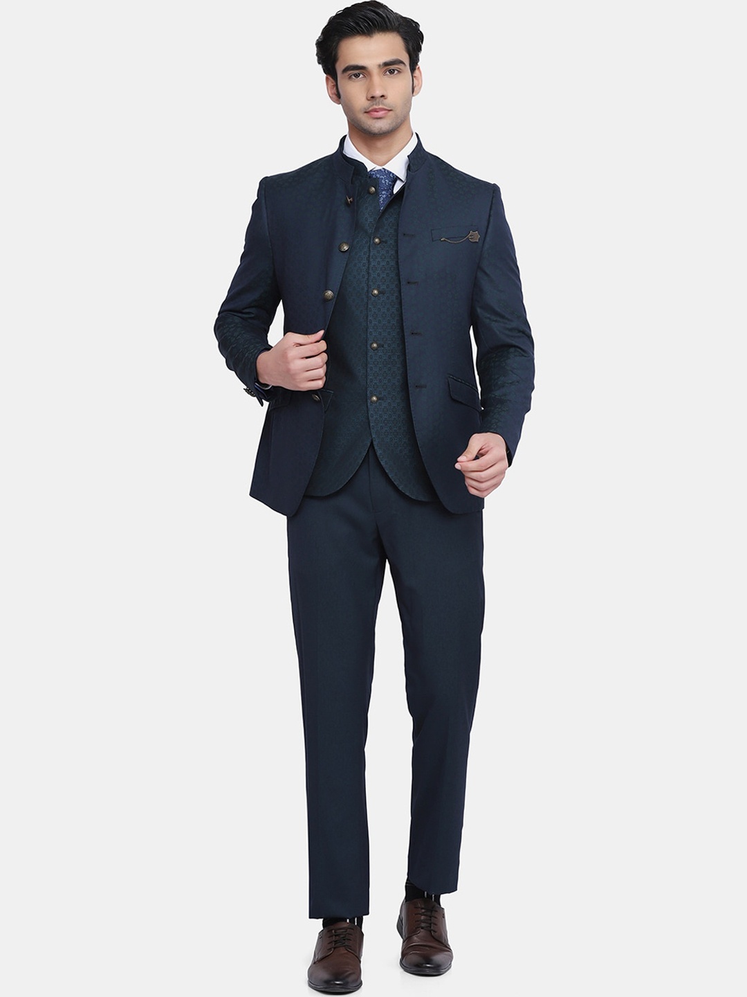 

Blackberrys Men Navy Blue & Green Woven Design Bandhgala Waistcoat