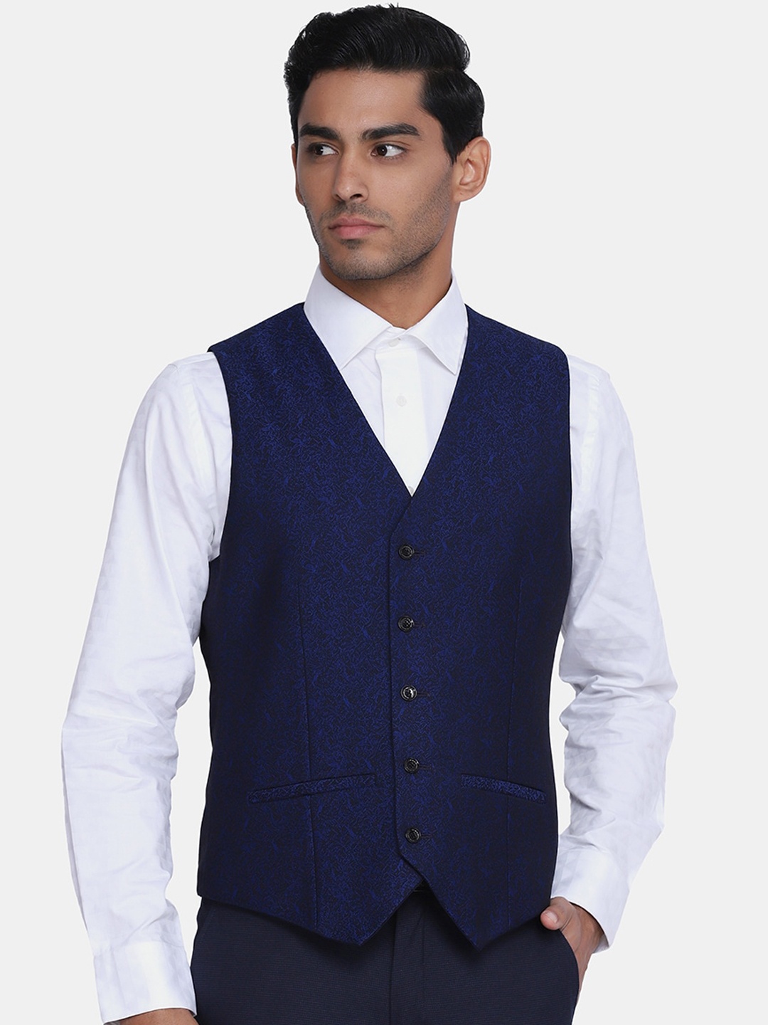 

Blackberrys Navy Blue Woven Design Nehru Jacket