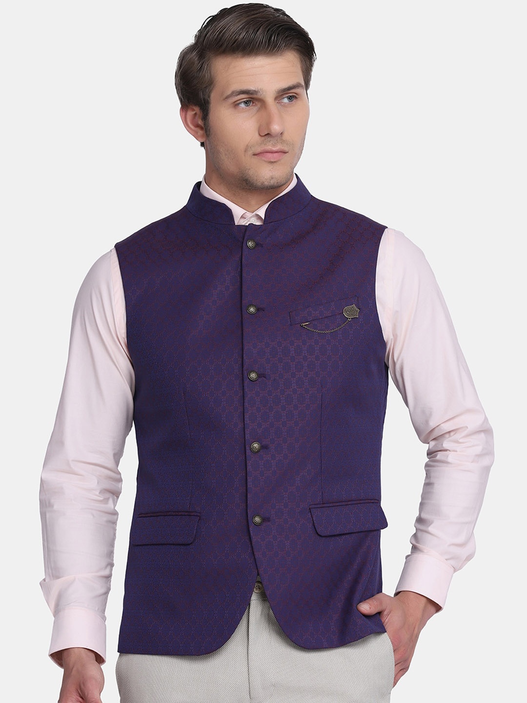 

Blackberrys Men Woven Design Nehru Jacket, Burgundy