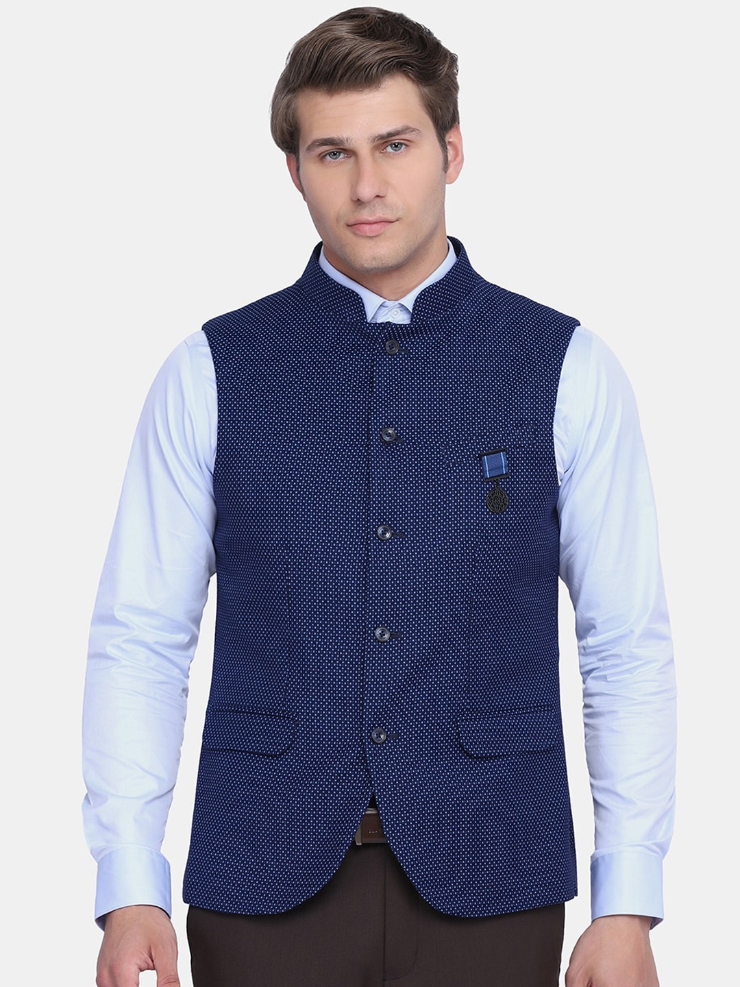 

Blackberrys Men Navy Blue Woven Design Nehru Jacket