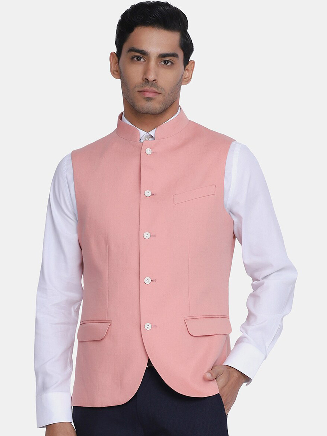 

Blackberrys Peach Solid Pure Cotton Nehru Jacket