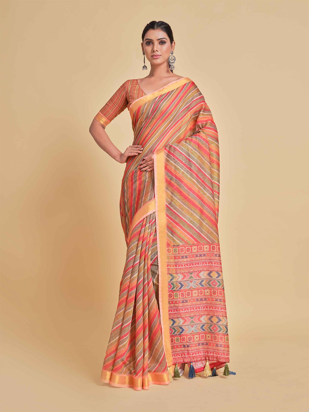 

Sangria Coral Pink & Green Striped Cotton Saree