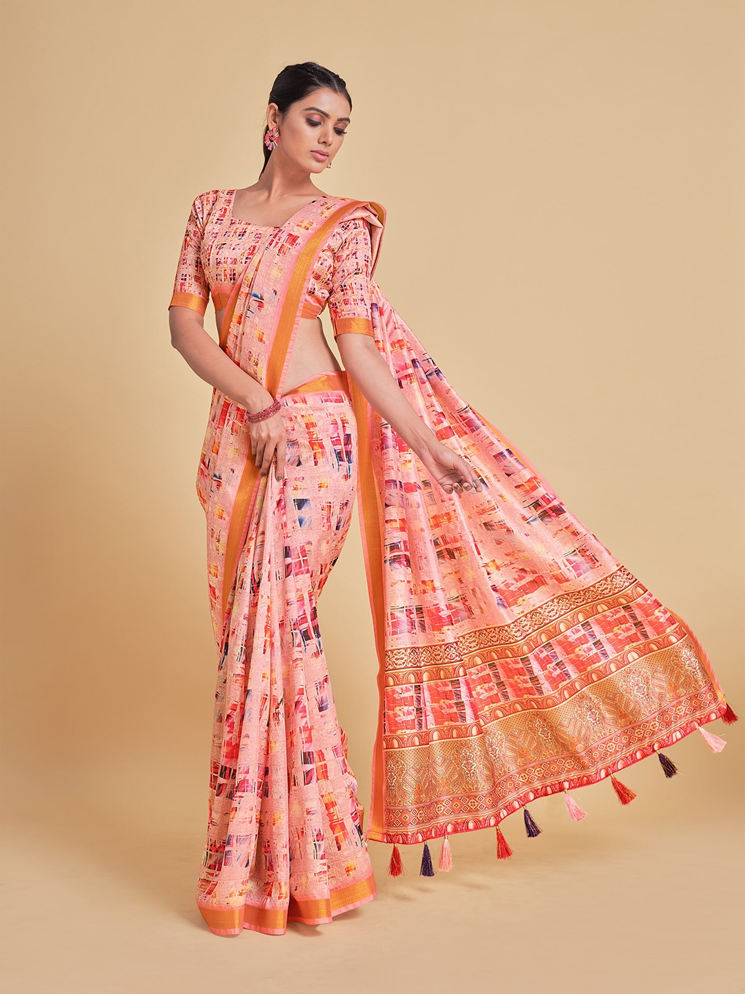 

Sangria Peach-Coloured & Blue Silk Blend Kanjeevaram Saree