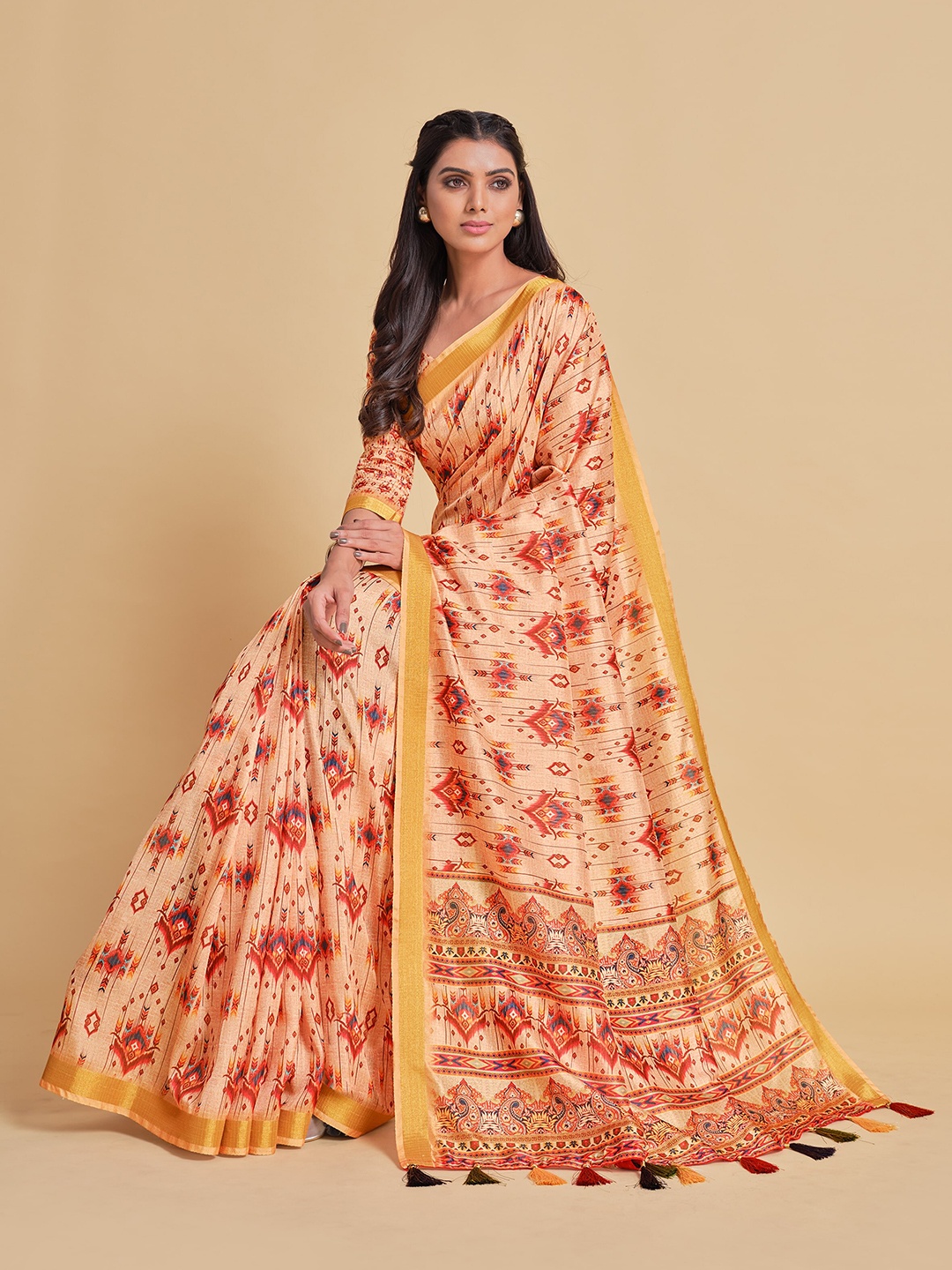 

Sangria Orange & Gold-Toned Ethnic Motifs Zari Silk Blend Kanjeevaram Saree