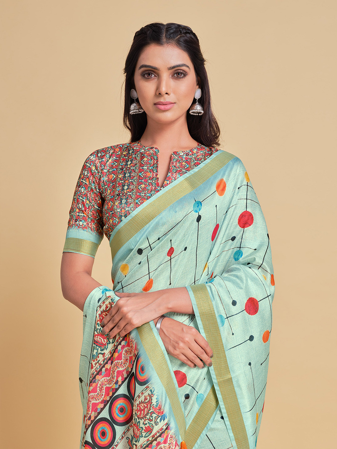 

Sangria Sea Green & Gold-Toned Zari Silk Blend Kanjeevaram Saree