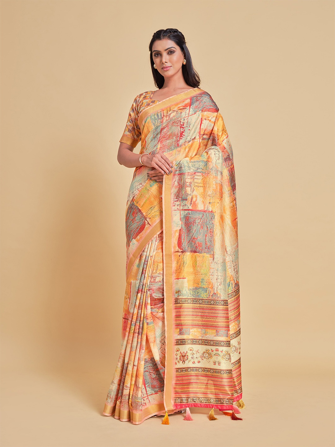 

Sangria Yellow & Blue Floral Silk Blend Kanjeevaram Saree