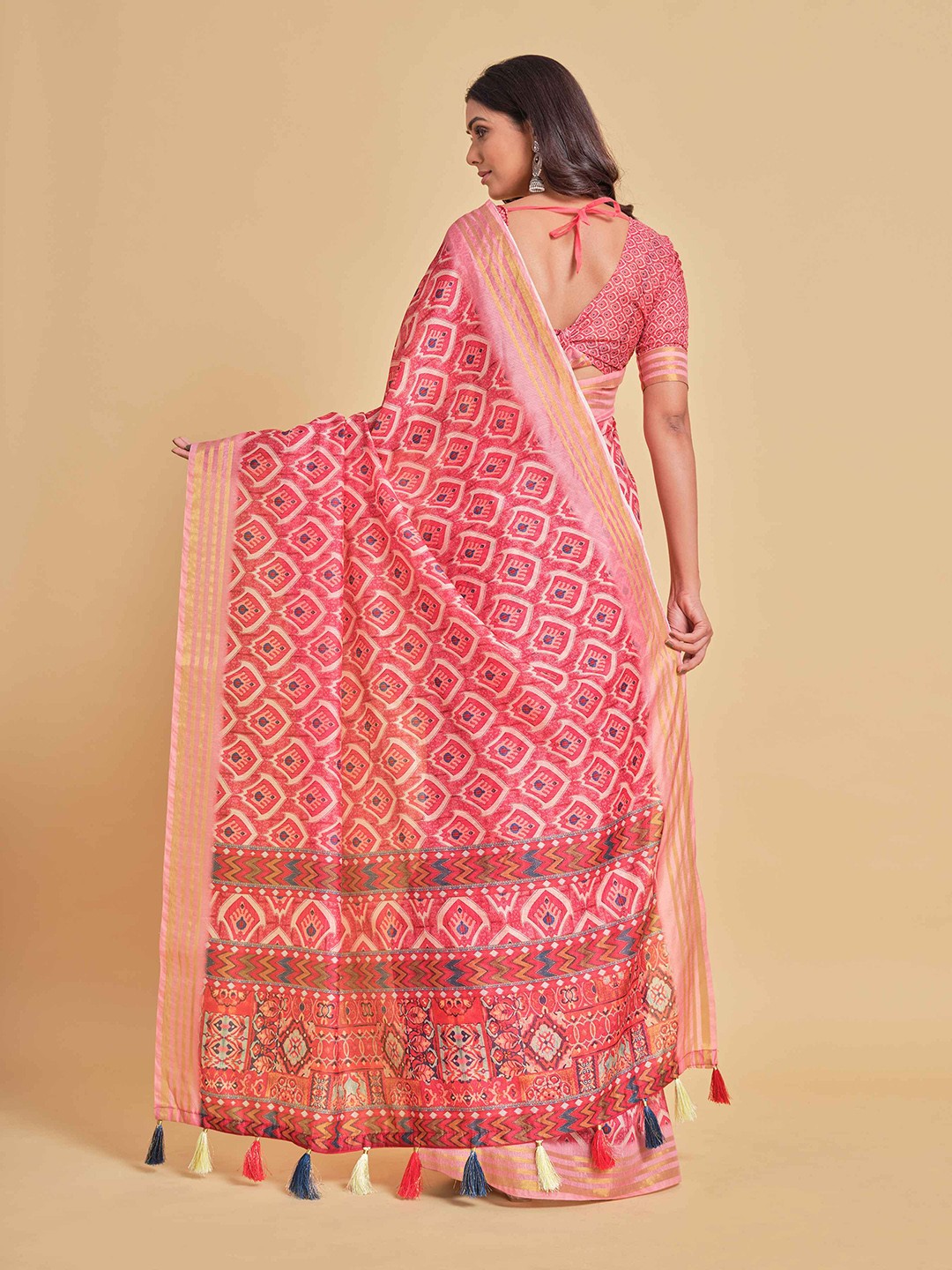

Sangria Coral & Blue Ethnic Motifs Zari Pure Cotton Saree