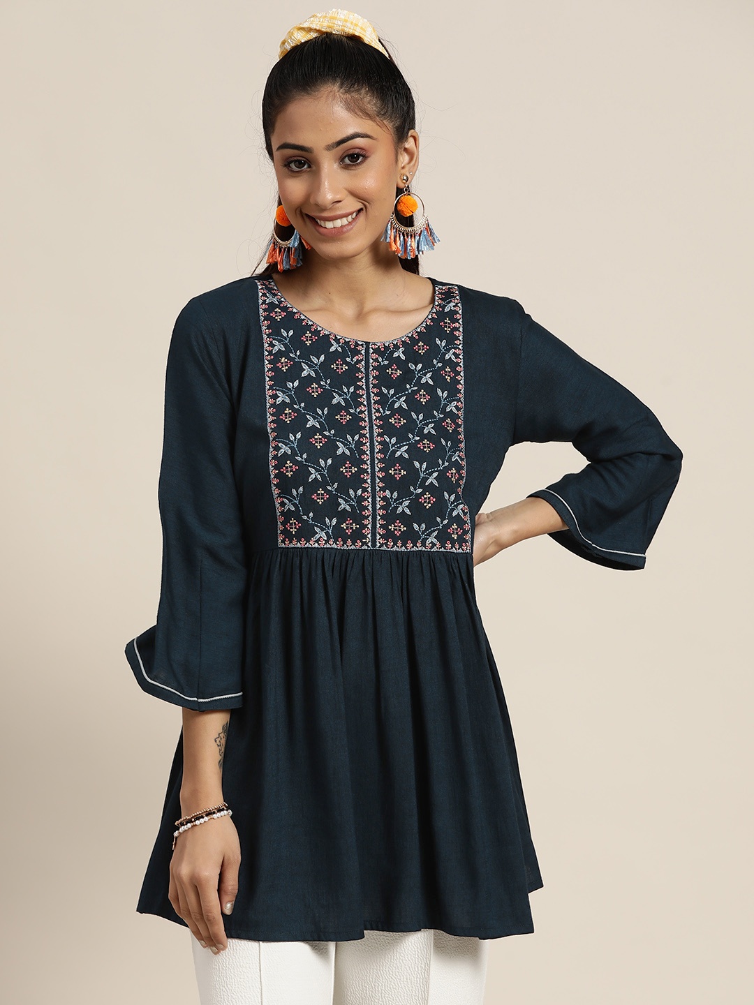 

Sangria Navy Blue Floral Embroidered Indigo Longline Top