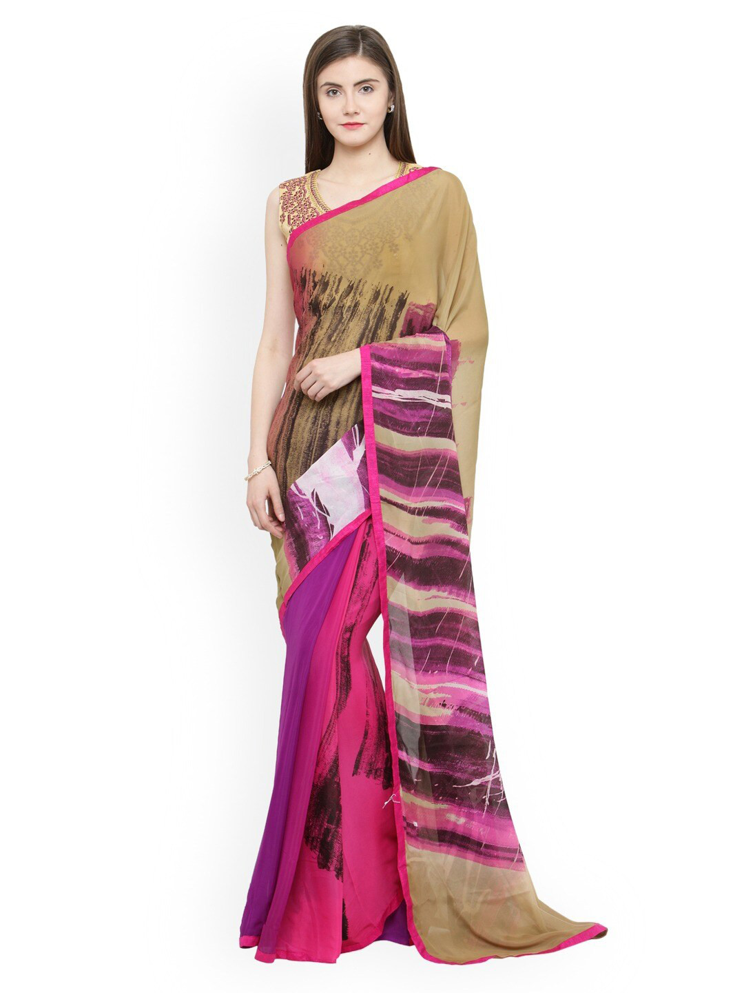 

Shaily Beige & Pink Printed Pure Georgette Saree