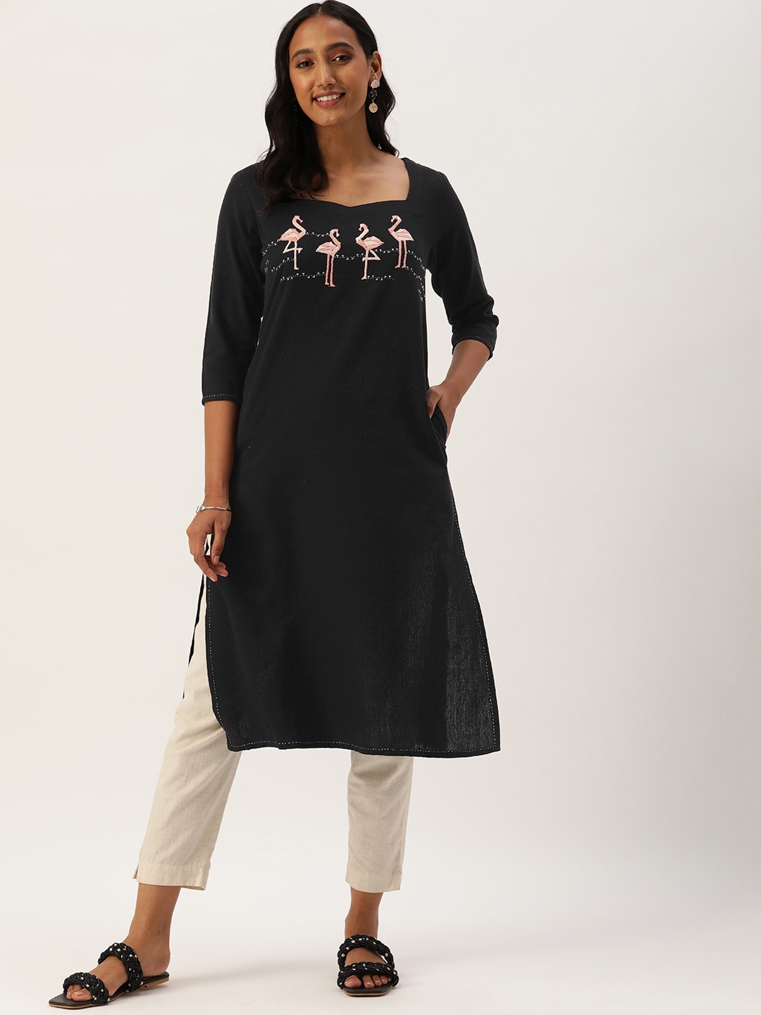 

OKHAI Women Black Yoke Design Thread Work Kurta