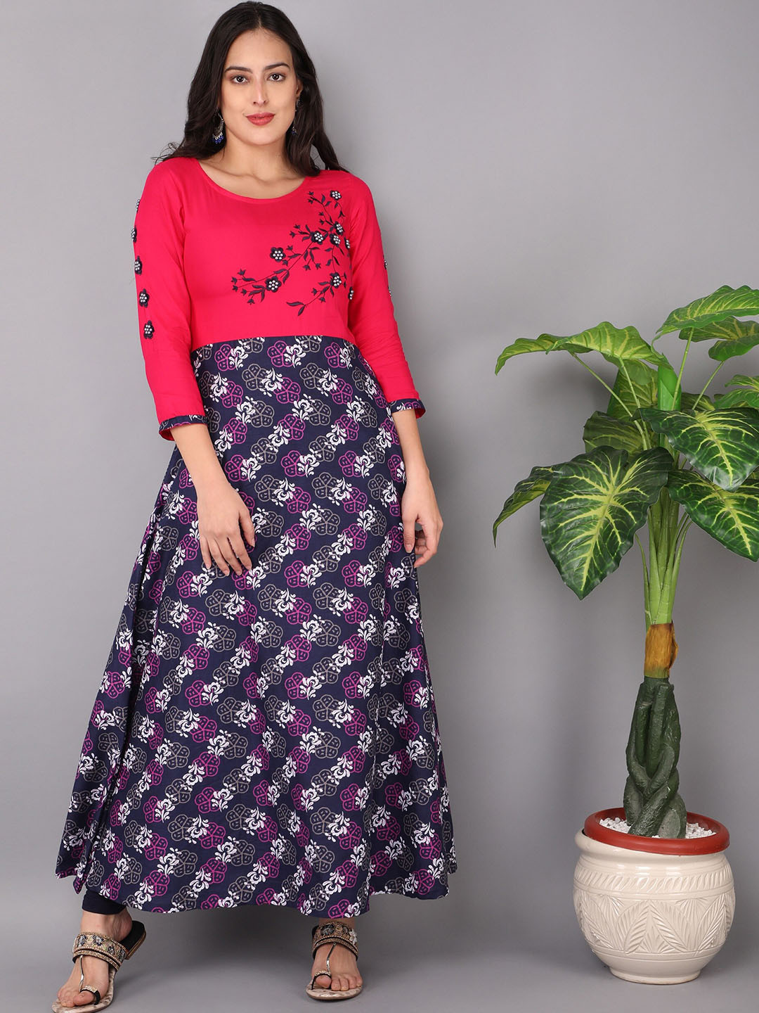 

PARIKA CREATION Fuchsia & Navy Blue Floral Ethnic Cotton Maxi Dress