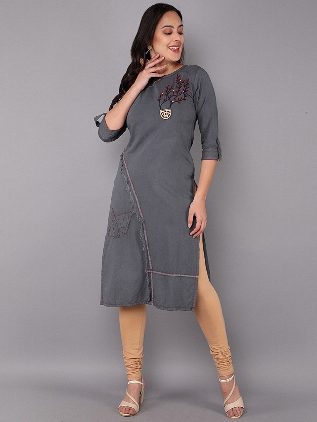 

PARIKA CREATION Women Grey Embroidered Denim Kurti
