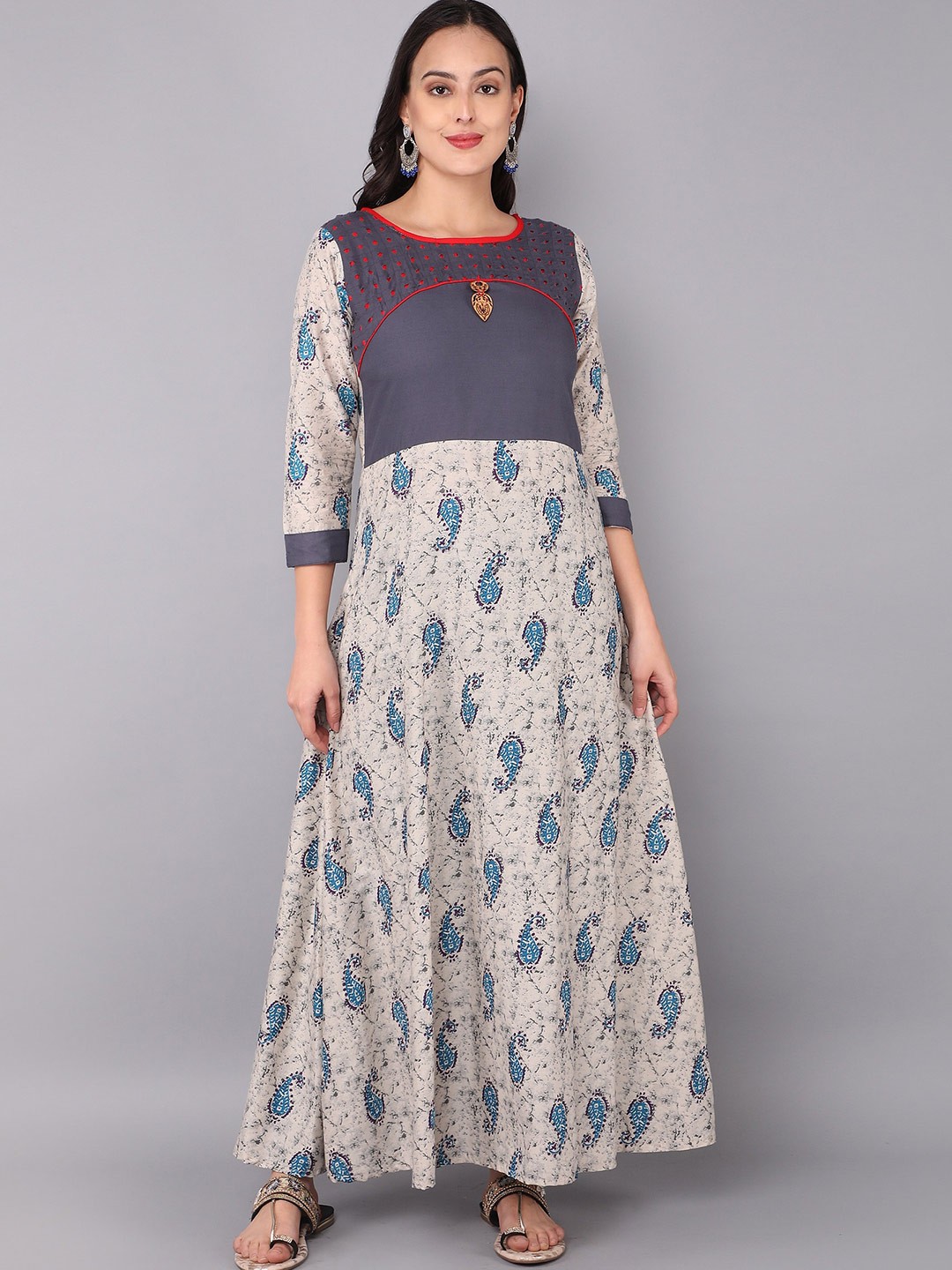 

PARIKA CREATION Grey Floral Ethnic Cotton Maxi Dress