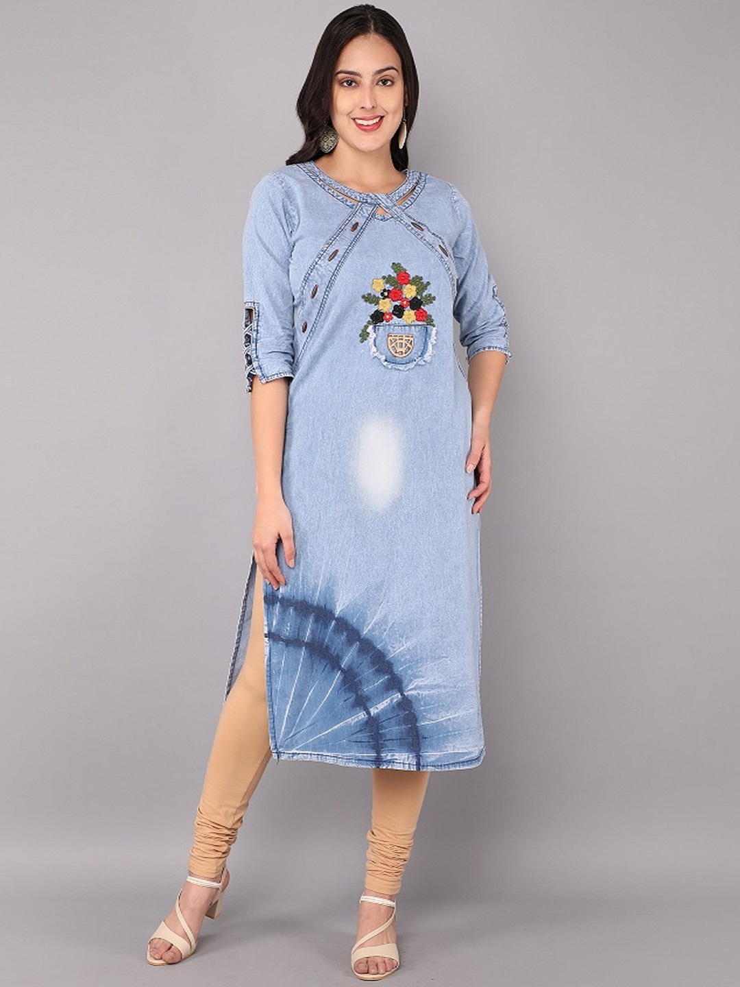 

PARIKA CREATION Blue Floral Embroidered Denim Kurti