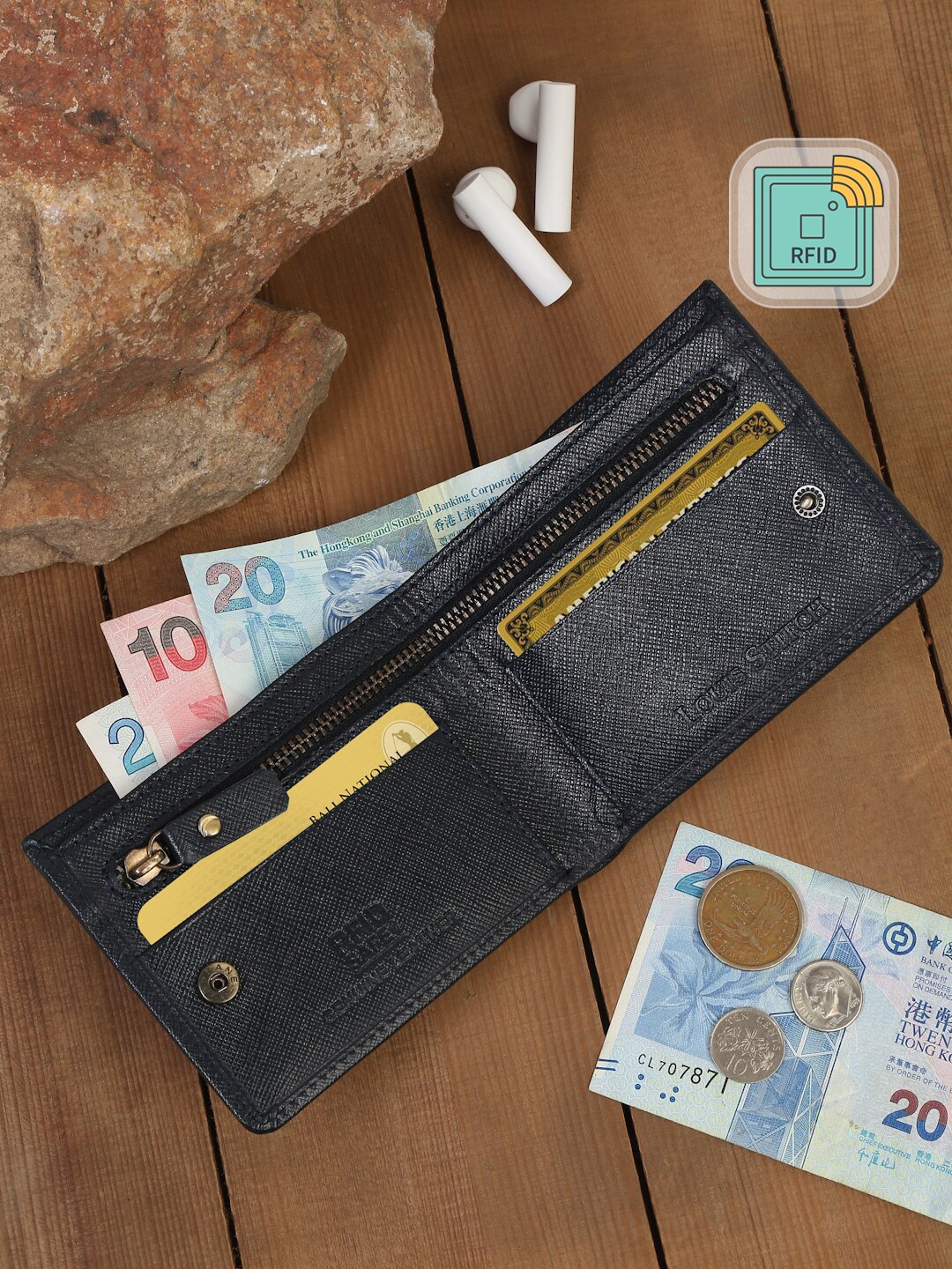 

Louis Stitch Blue Saffiano Leather Bifold Men's Wallet with Zip Pocket and RFID Blocking
