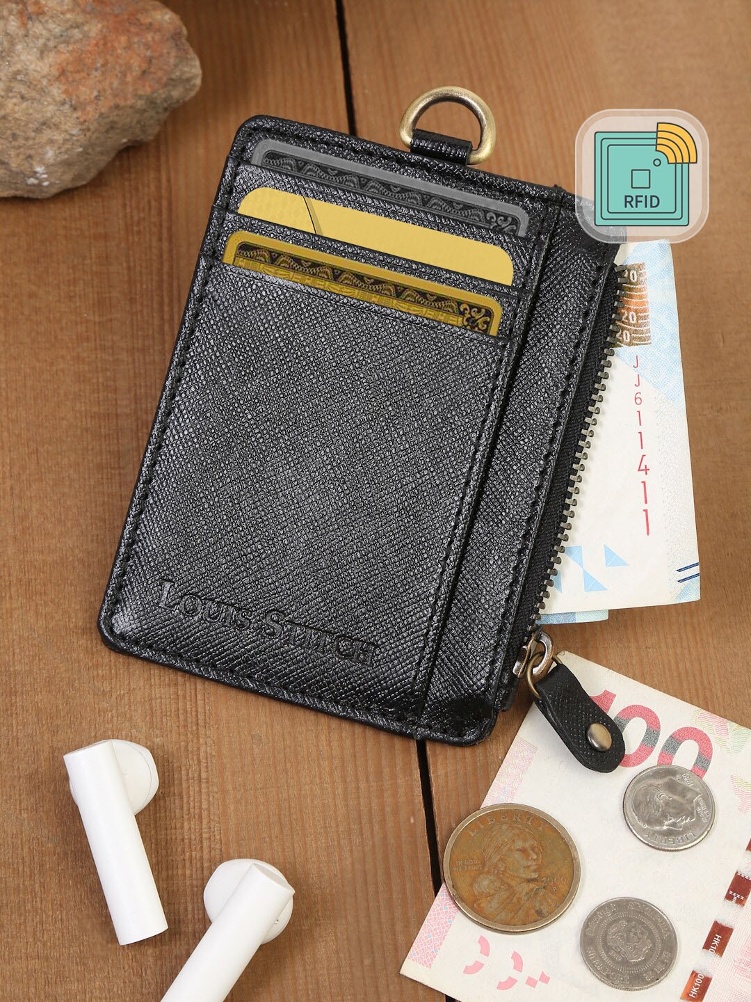 

LOUIS STITCH Men Black Textured Zip Detail Leather Card Holder
