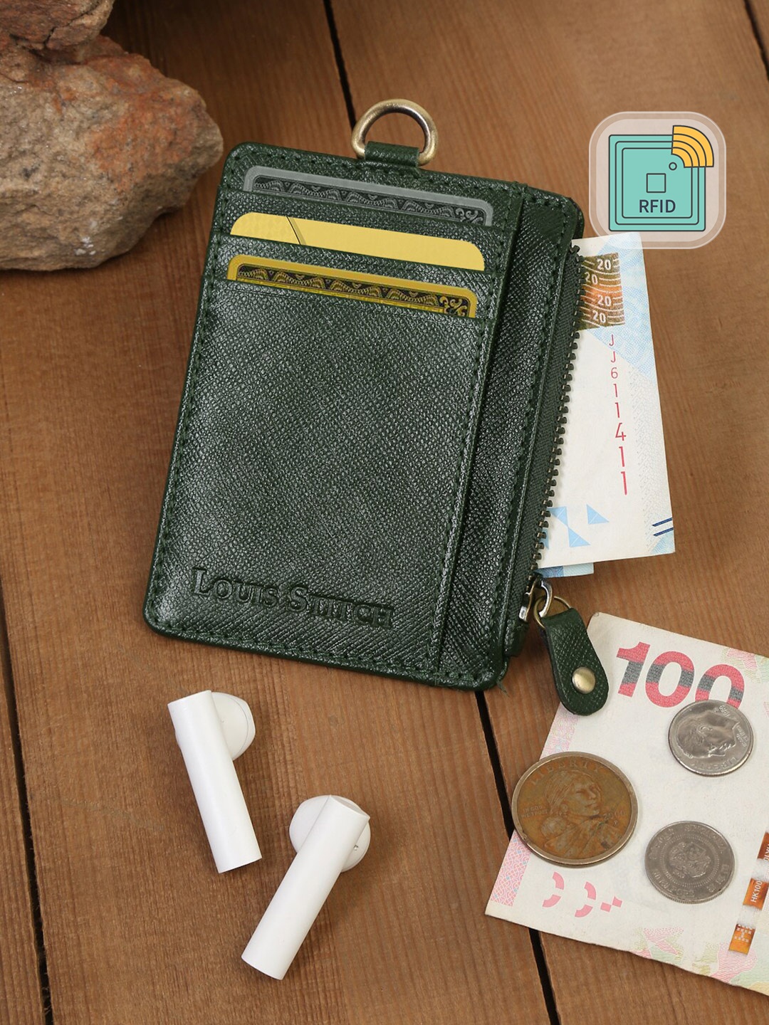 

LOUIS STITCH Men Green Zip Detail Leather Card Holder