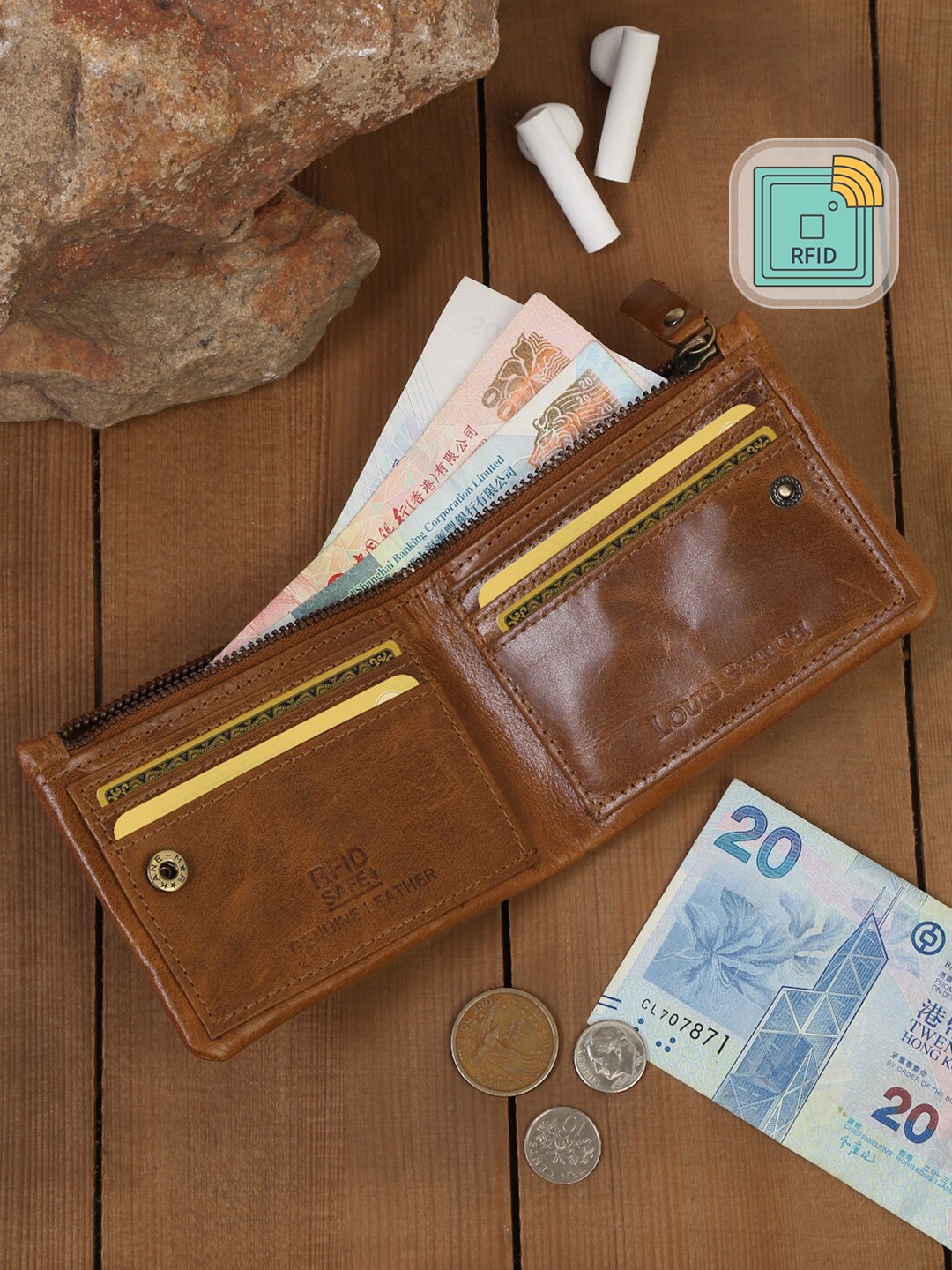 

LOUIS STITCH Men Tan Zip Detail Leather Two Fold Wallet
