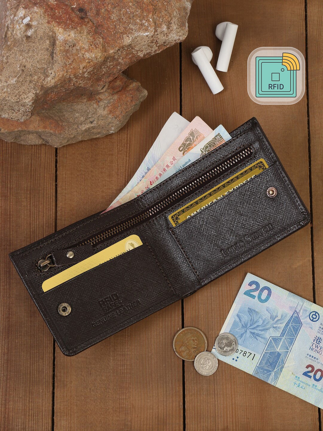 

LOUIS STITCH Men Brown Saffiano Leather Bifold Wallet with Zip Pocket and RFID Blocking