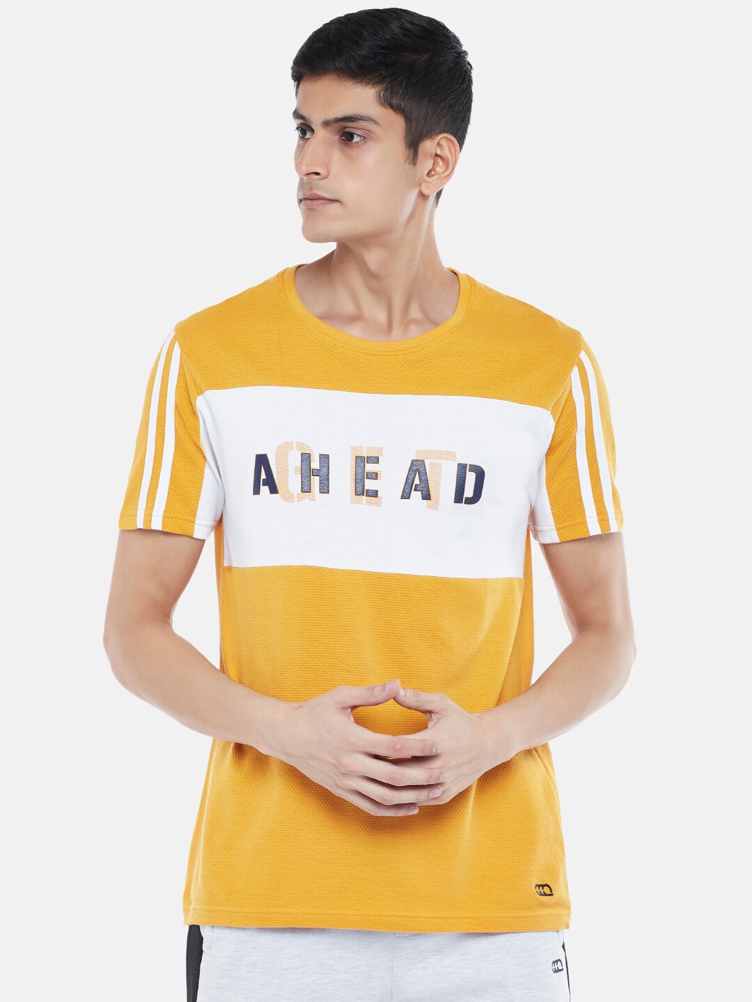 

Ajile by Pantaloons Men Mustard Yellow & White Printed Slim Fit Cotton T-shirt