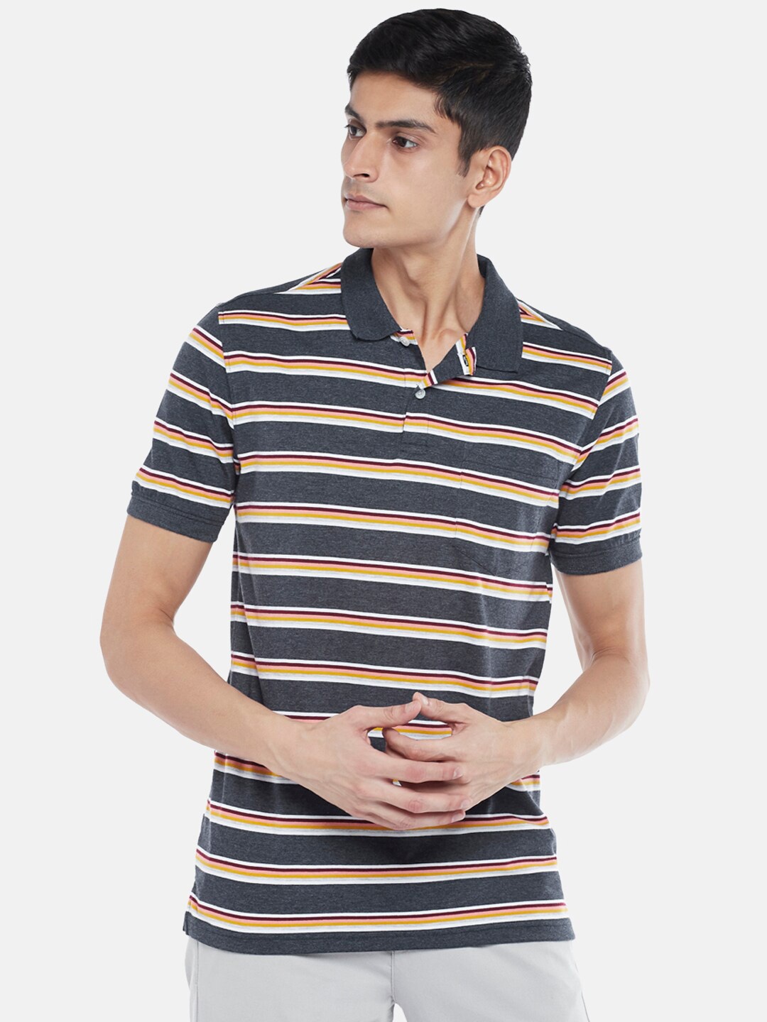 

BYFORD by Pantaloons Men Navy Blue & White Striped Polo Collar Slim Fit T-shirt