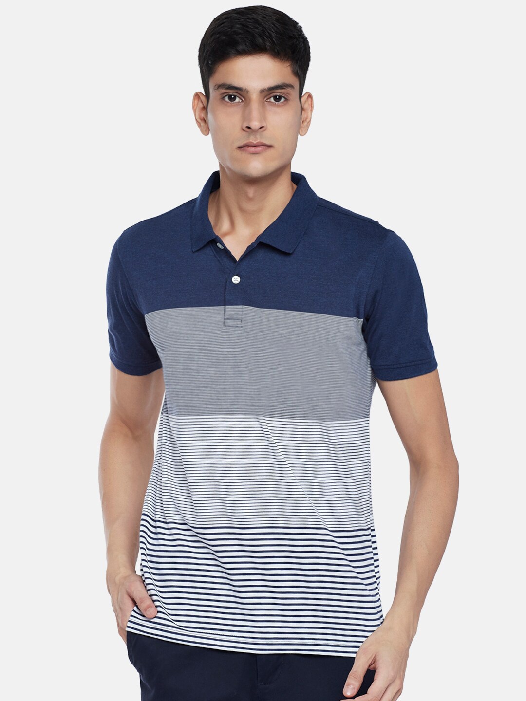 

BYFORD by Pantaloons Men Blue Colourblocked Polo Collar Slim Fit T-shirt