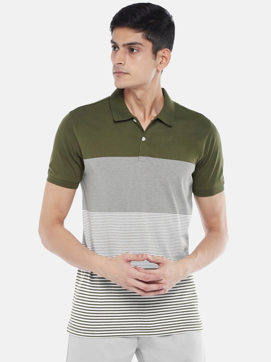 

BYFORD by Pantaloons Men Green & White Colourblocked Polo Collar Slim Fit T-shirt