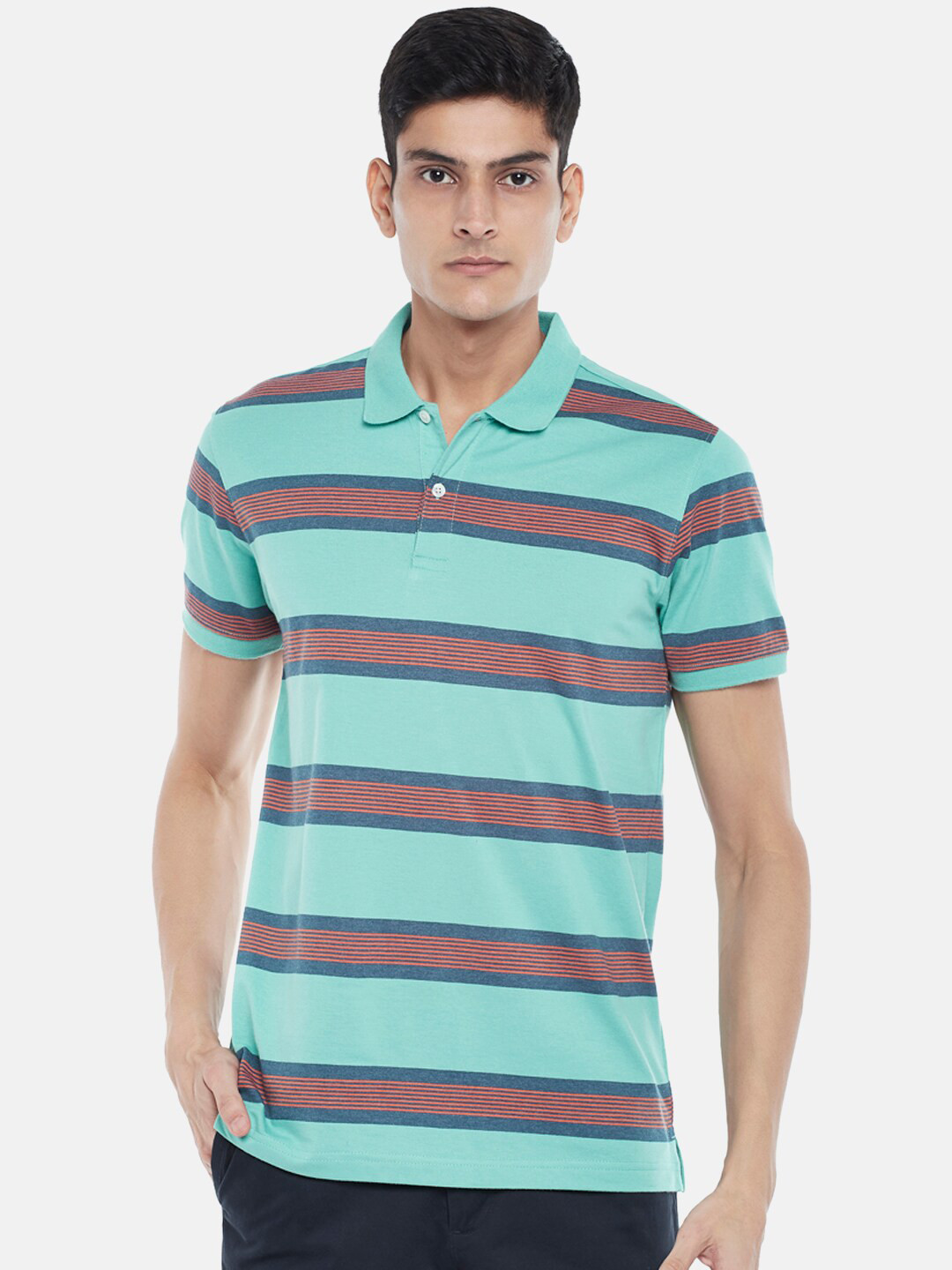 

BYFORD by Pantaloons Men Sea Green & Pink Striped Polo Collar Slim Fit T-shirt
