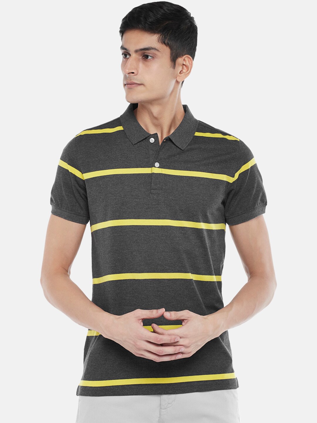 

BYFORD by Pantaloons Men Charcoal & Yellow Striped Polo Collar Slim Fit T-shirt