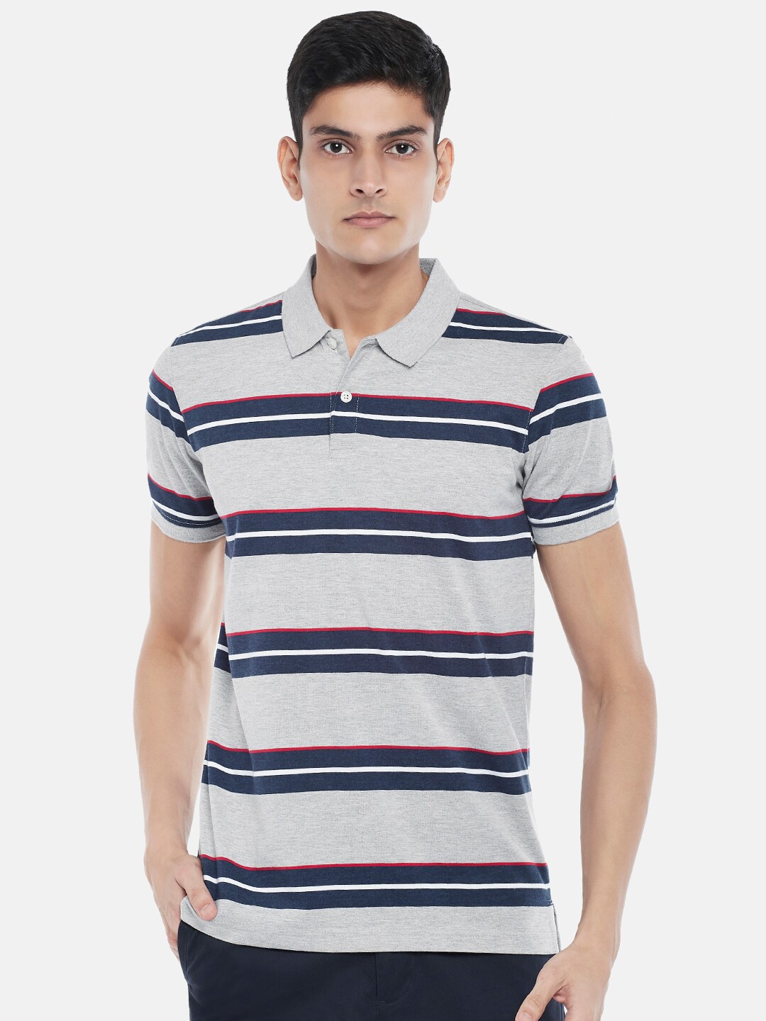 

BYFORD by Pantaloons Men Grey Melange & Navy Blue Striped Polo Collar Slim Fit T-shirt