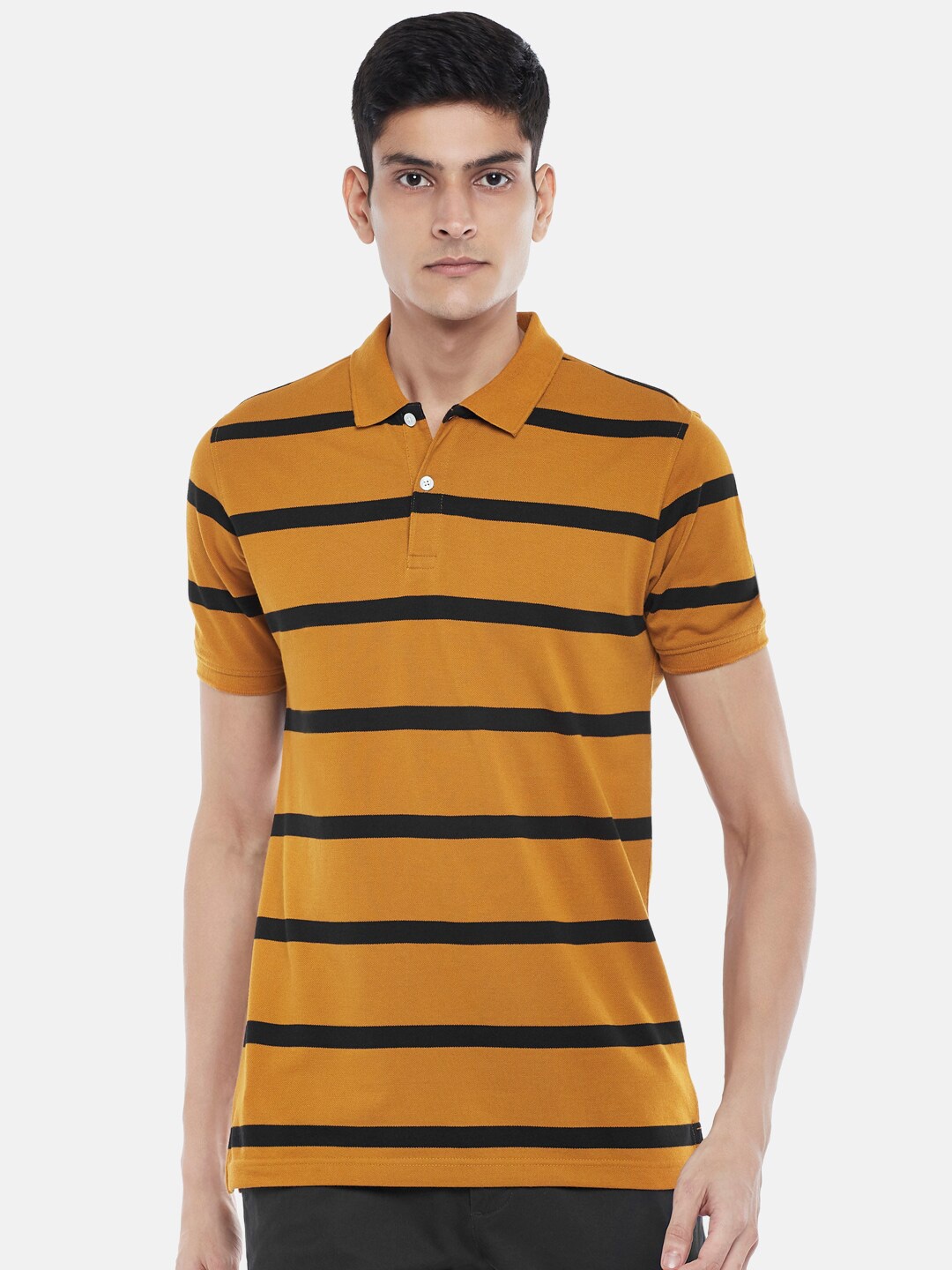 

BYFORD by Pantaloons Men Brown & Black Striped Polo Collar Slim Fit T-shirt