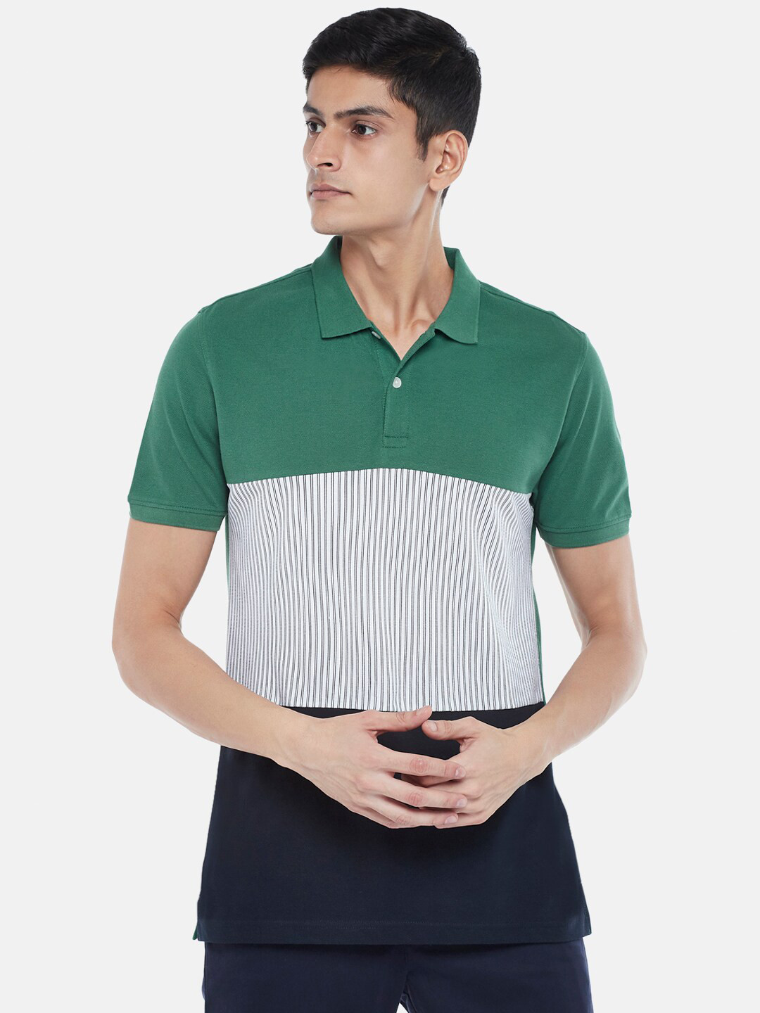 

BYFORD by Pantaloons Men Green Colourblocked Polo Collar Slim Fit Cotton T-shirt