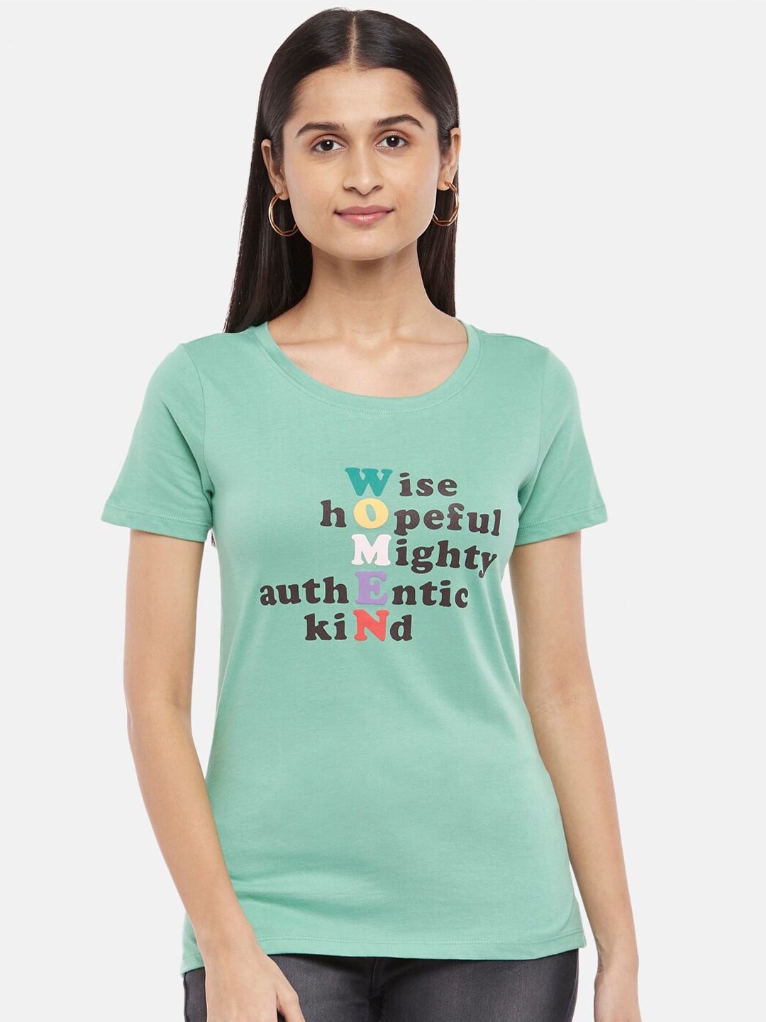 

Honey by Pantaloons Women Sea Green Typography Printed Cotton T-shirt