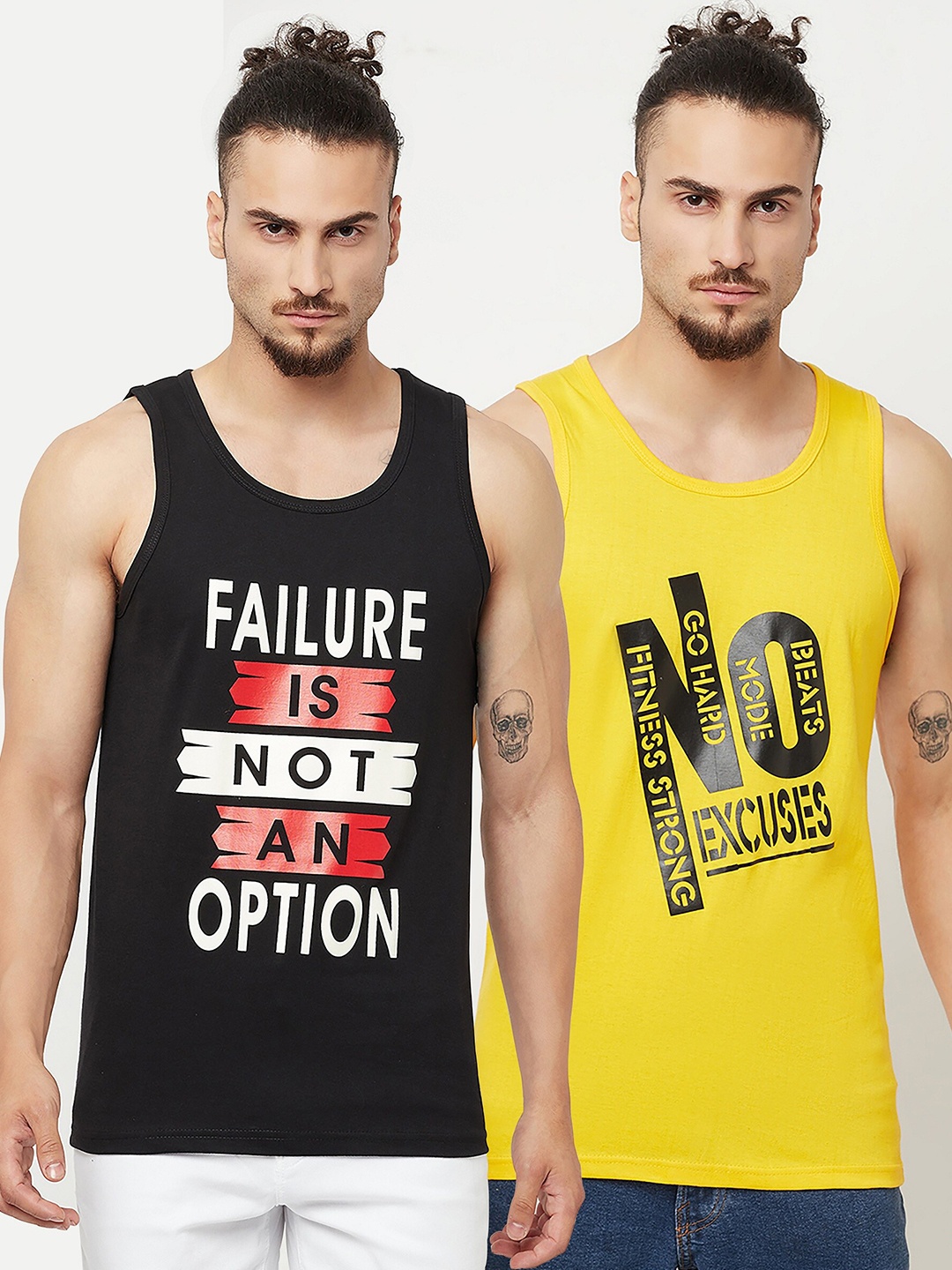 

KAY DEE Men Black & Yellow Typography Set Of 2 Printed Slim Fit Pure Cotton T-shirt