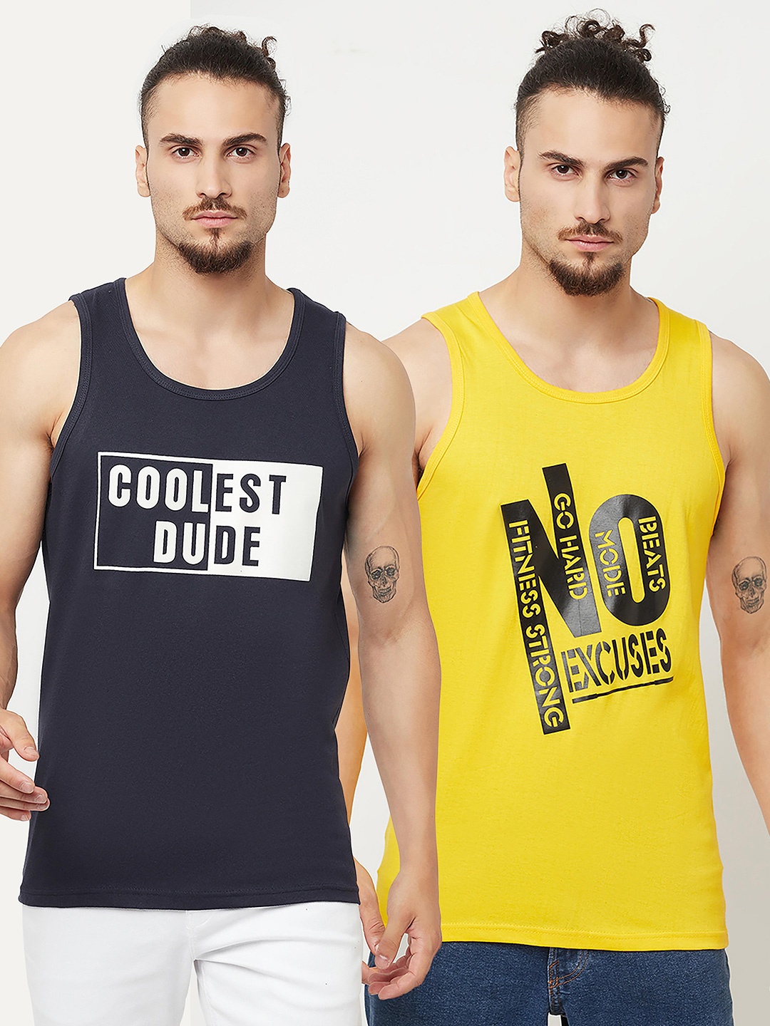 

KAY DEE Men Navy Blue & Yellow Typography Set Of 2 Printed Slim Fit Pure Cotton T-shirt