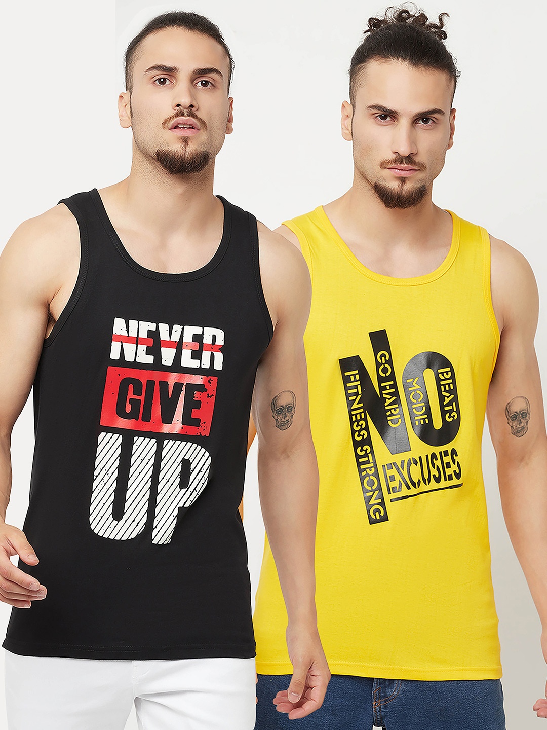 

KAY DEE Men Black & Yellow Typography Set Of 2 Printed Slim Fit Pure Cotton T-shirt