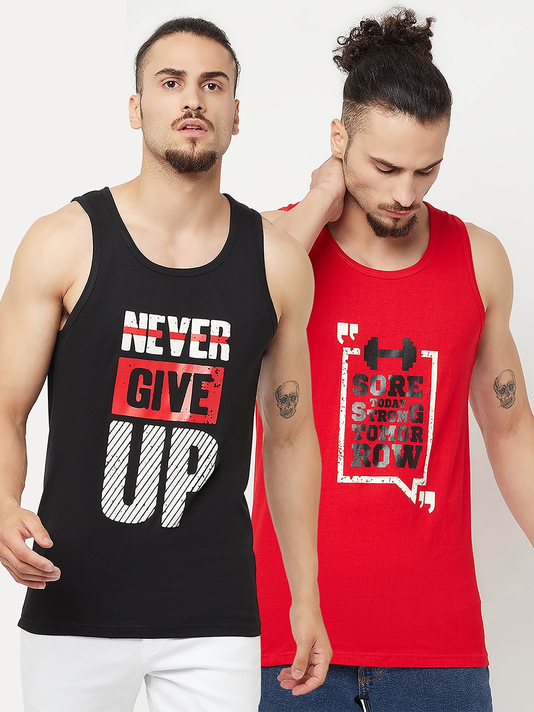 

KAY DEE Men Black & Red Typography Set Of 2 Printed Slim Fit Pure Cotton T-shirt