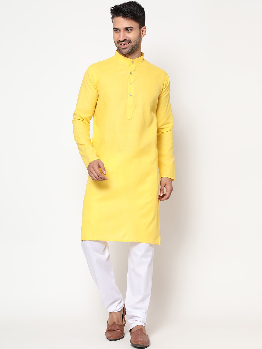 

OFFIRA TEX WORLD Men Yellow Solid Linen Kurta Set