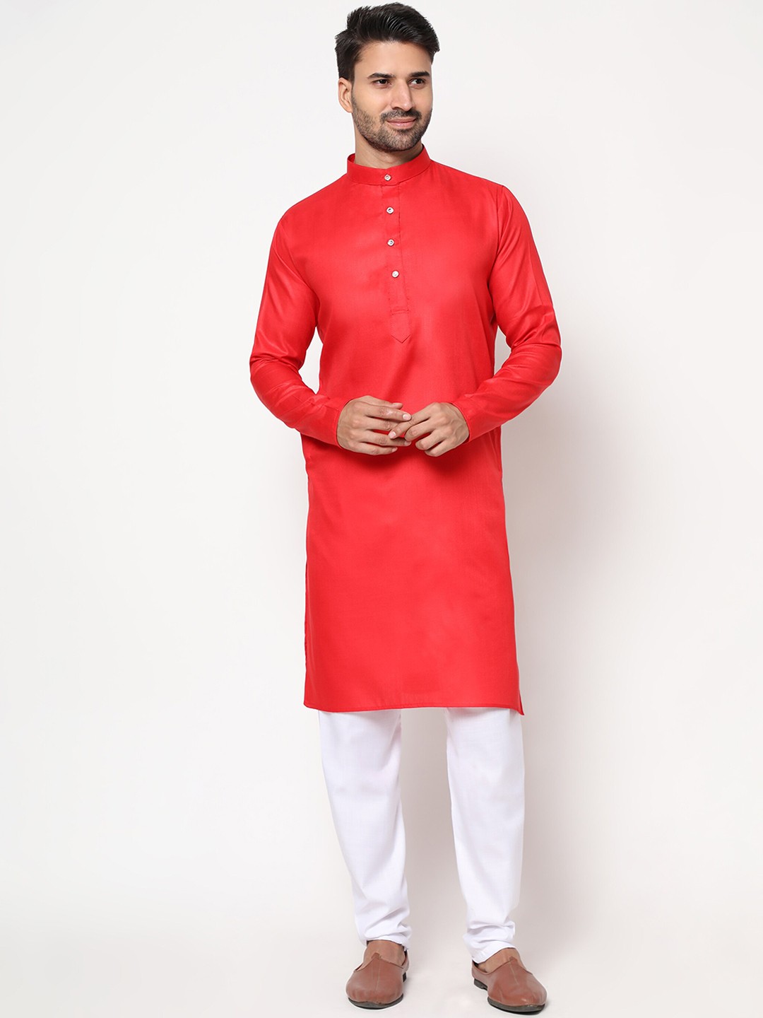 

OFFIRA TEX WORLD Men Red & White Linen Kurta with Trousers