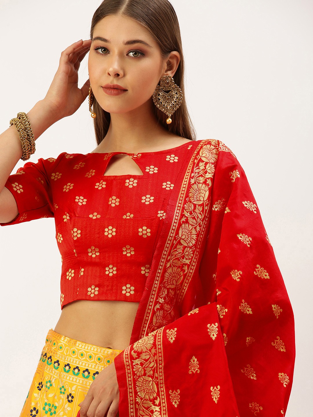 

Pandadi Saree Yellow & Red Semi-Stitched Lehenga & Unstitched Blouse With Dupatta