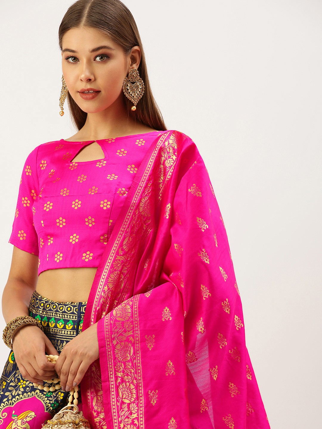 

Pandadi Saree Navy Blue & Fuchsia Semi-Stitched Lehenga & Unstitched Blouse With Dupatta