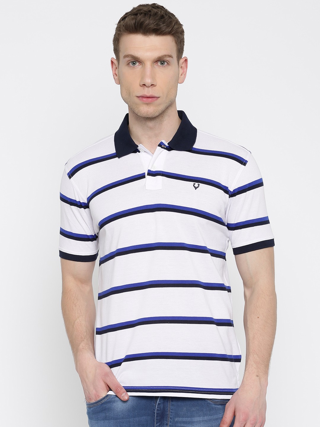 

Allen Solly Men White & Blue Striped Polo Collar T-shirt