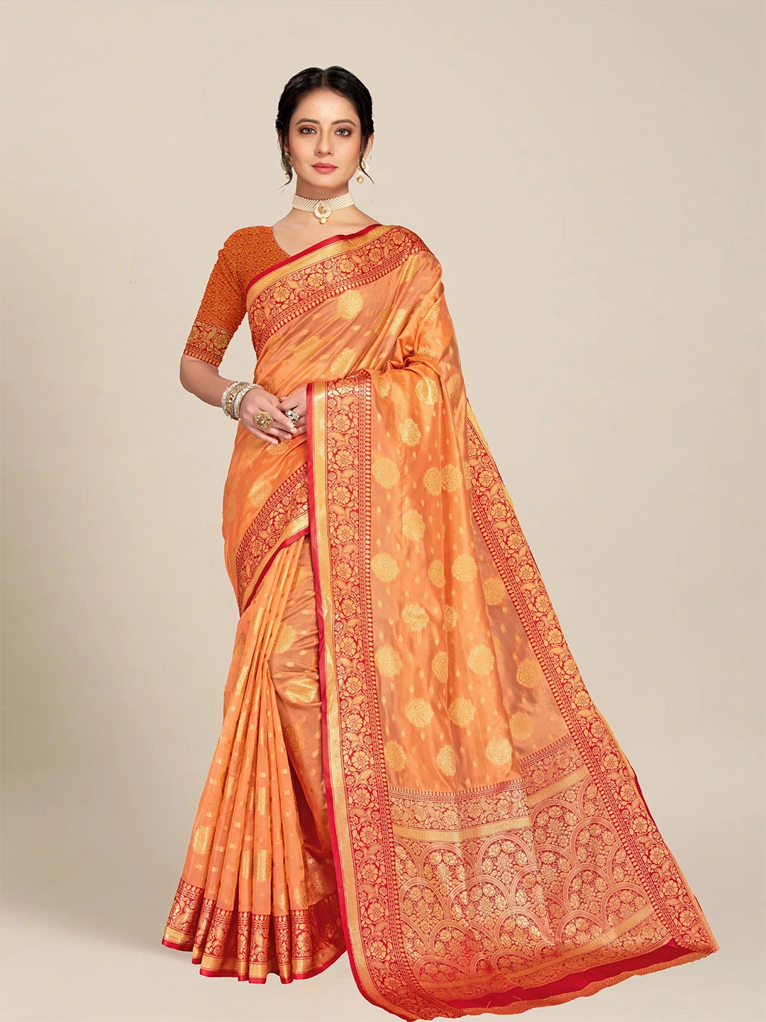 

MS RETAIL Orange & Gold-Toned Floral Organza Banarasi Saree