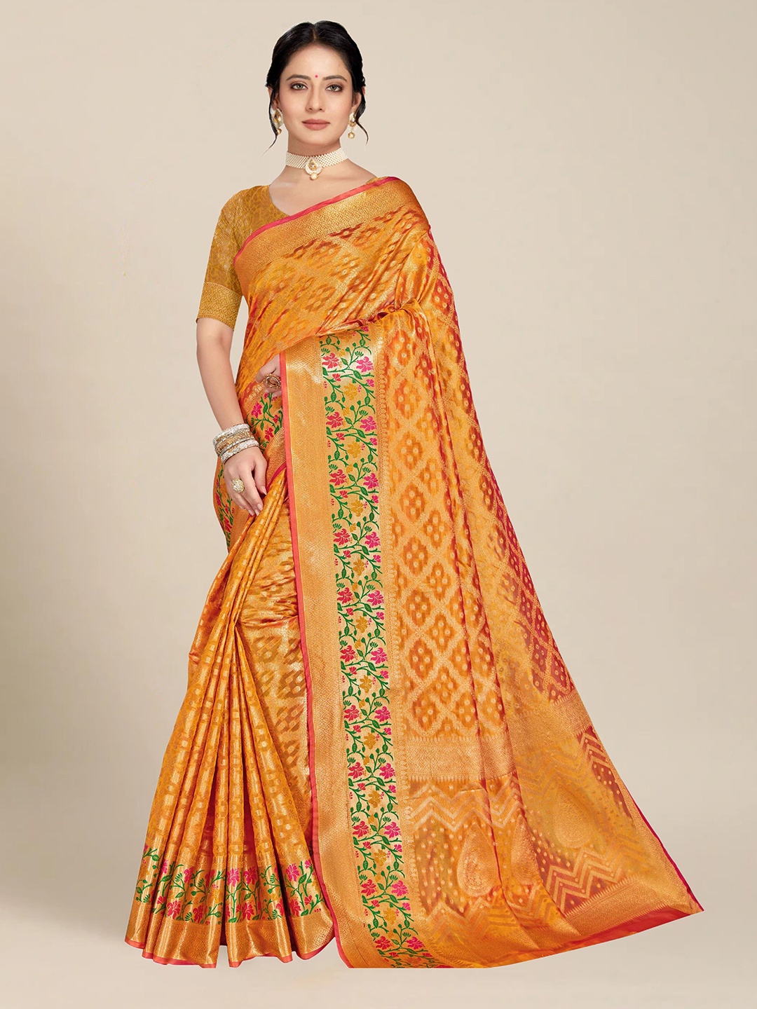 

MS RETAIL Gold-Toned & Green Woven Design Organza Banarasi Saree