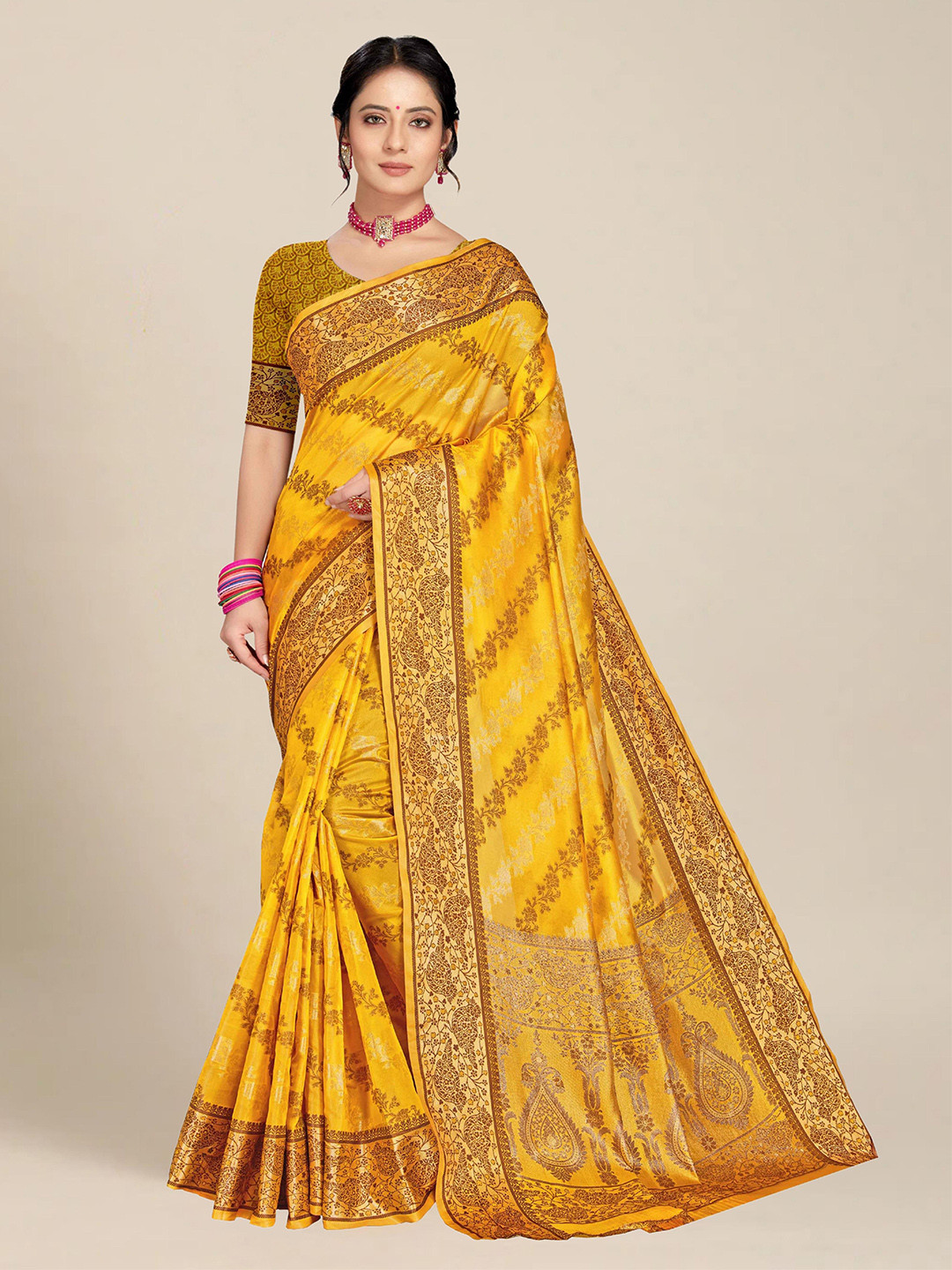 

MS RETAIL Yellow & Brown Floral Organza Banarasi Saree