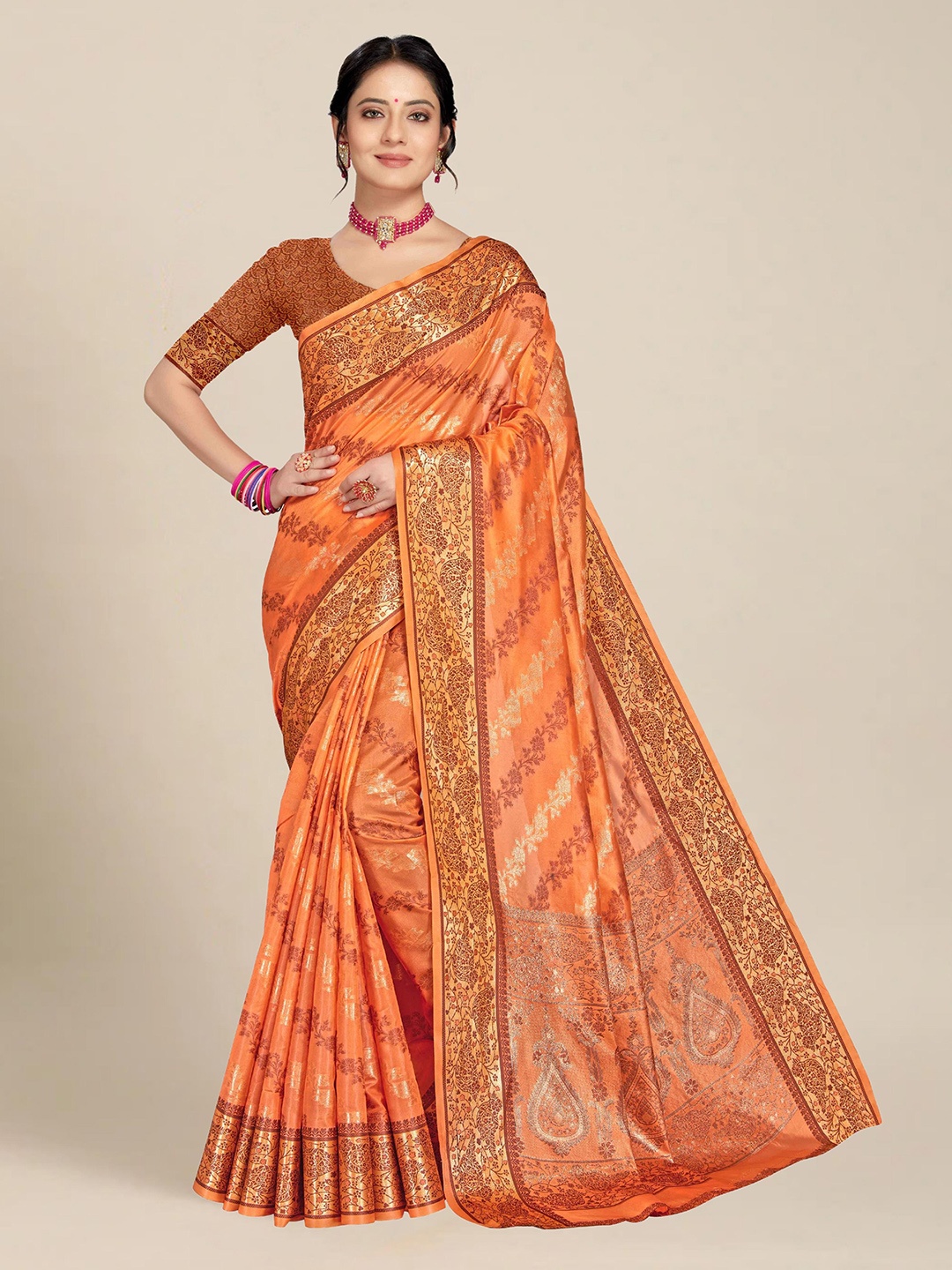 

MS RETAIL Orange & Gold-Toned Floral Organza Banarasi Saree