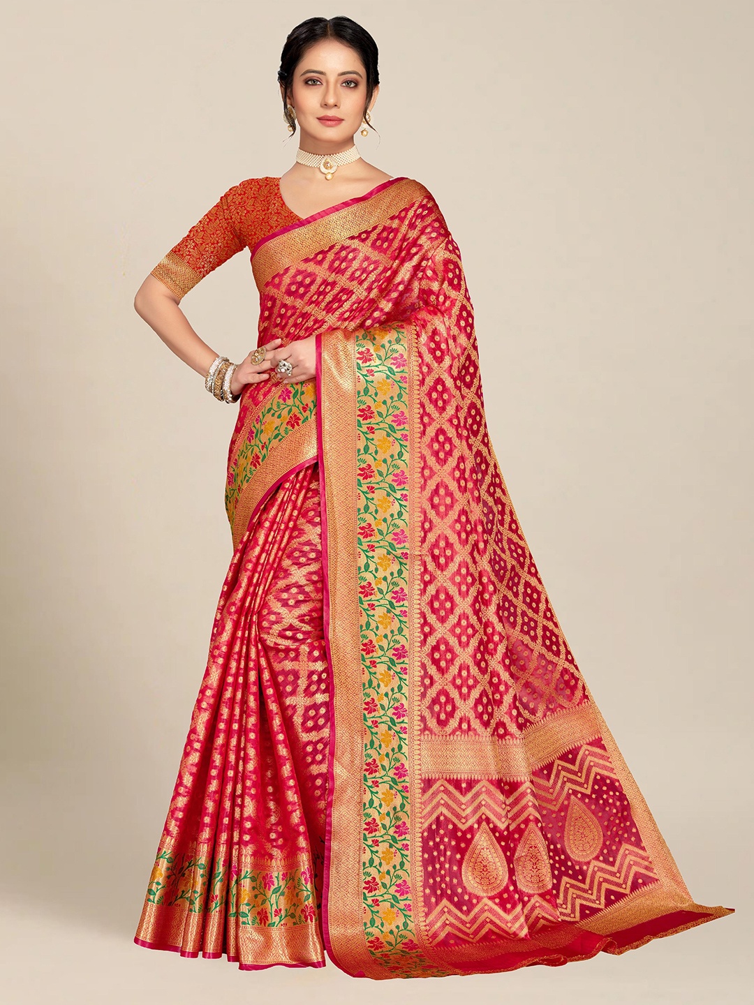 

MS RETAIL Red & Gold-Toned Woven Design Zari Organza Banarasi Saree