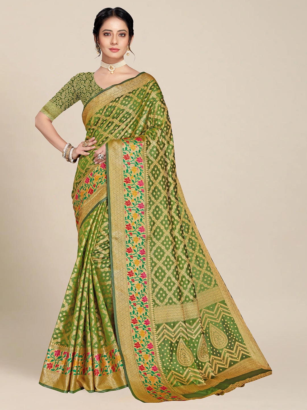 

MS RETAIL Green & Golden Bandhani Zari Organza Banarasi Saree