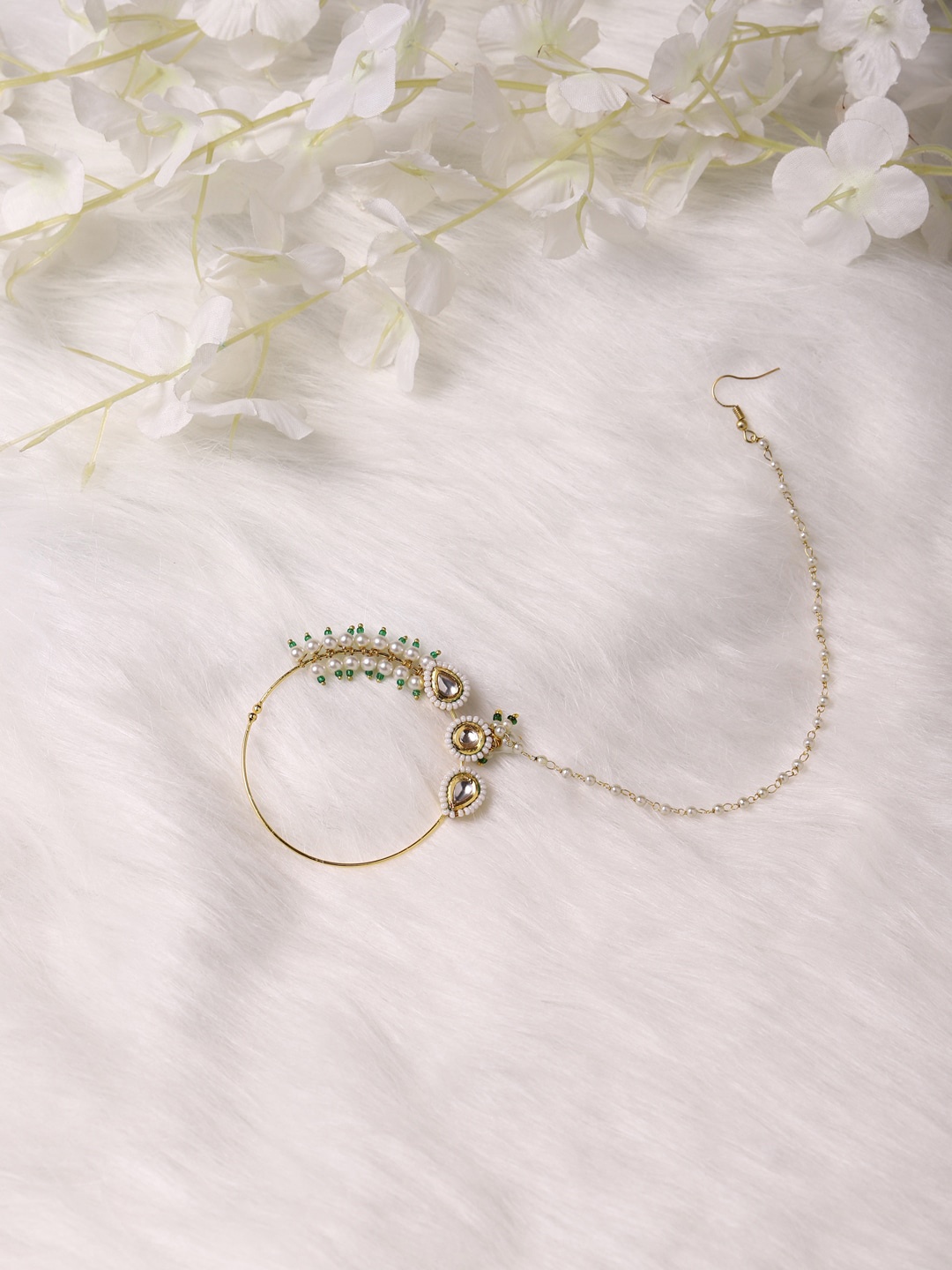 

Ruby Raang Gold-Plated White Kundan Studded & Pearl Beaded Nose Pin